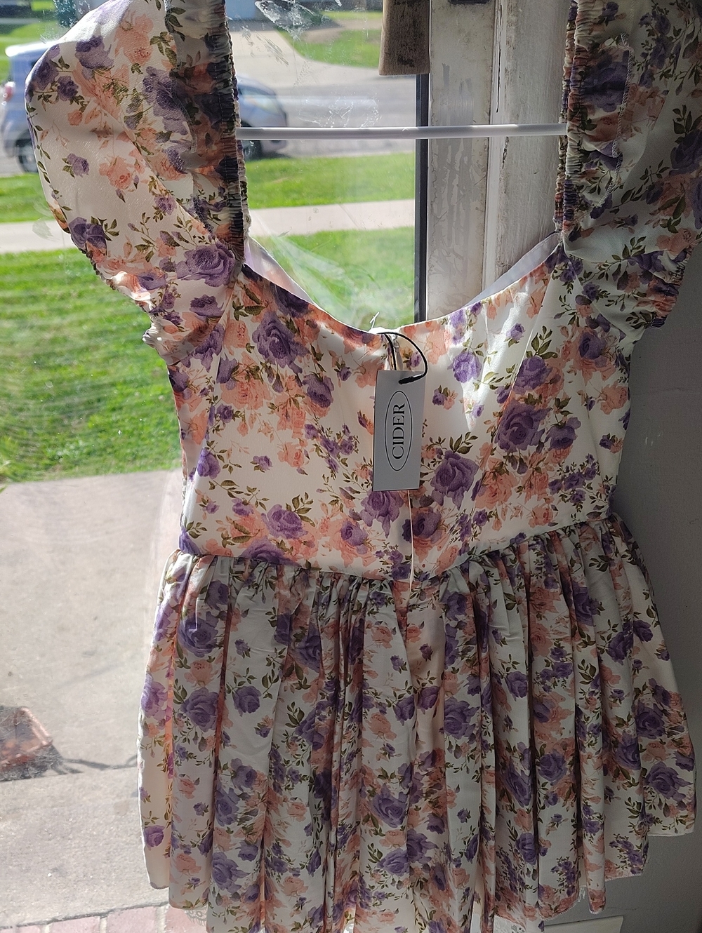 Cider Floral Puff-Sleeve Dress in Cream with Purple & Peach Flowers